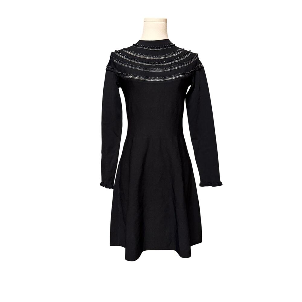 Valentino Black Beaded Knit Midi Long Sleeved Fit & Flare Dress, Italy - Small